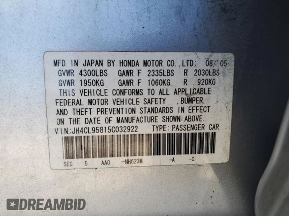 2005 Acura TSX z VIN JH4CL95815C032922, wystawiony jako Copart lot #71485294 z przebiegiem 224 178 mil mil oraz Czysty tytuł • Clean title. Historia ofert i sprzedaży dostępna na DreamBid. Obrazek 12.