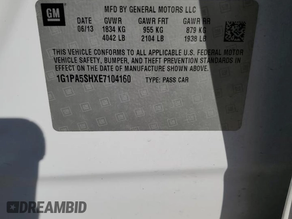 2014 Chevrolet Cruze LS with VIN 1G1PA5SHXE7104160, listed as a Copart auction lot 47283095 with 135,954 mi miles and Salvage Title. Bid and sale history available at carsss.com. Image 13.
