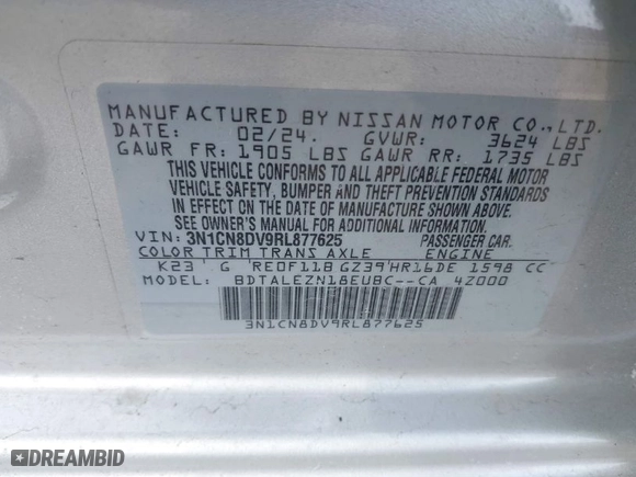 2024 Nissan Versa S with VIN 3N1CN8DV9RL877625, listed as a IAAI auction lot 41685430 with NaN miles. Bid and sale history available at carsss.com. Image 9.