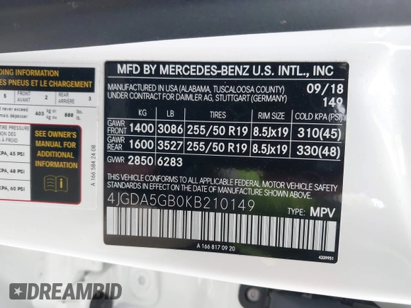 2019 Mercedes-Benz GLE 400 with VIN 4JGDA5GB0KB210149, listed as a IAAI auction lot 41252945 with 72,724 mi miles and . Bid and sale history available at DreamBid. Image 9.