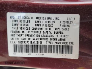 2014 Honda Accord LX with VIN 1HGCR2F31EA125026, listed as a Copart auction lot 52490515 with Not Provided miles and Salvage Title. Bid and sale history available at DreamBid. Image 15.