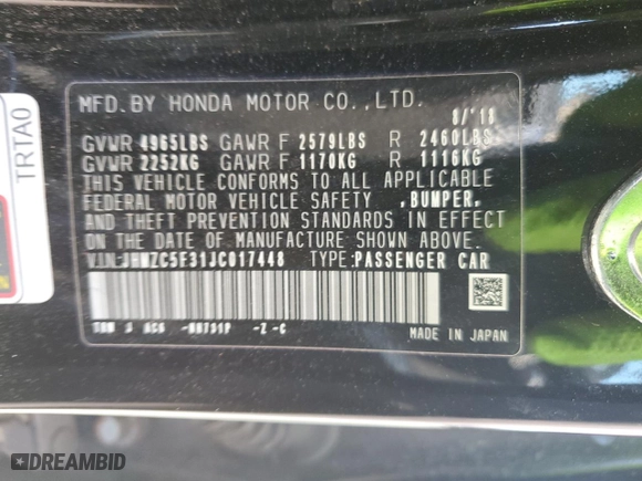 2018 Honda Clarity Plug-In Hybrid Touring with VIN JHMZC5F31JC017448, listed as a Copart auction lot 65631383 with 87,349 mi miles. Bid and sale history available at carsss.com. Image 13.