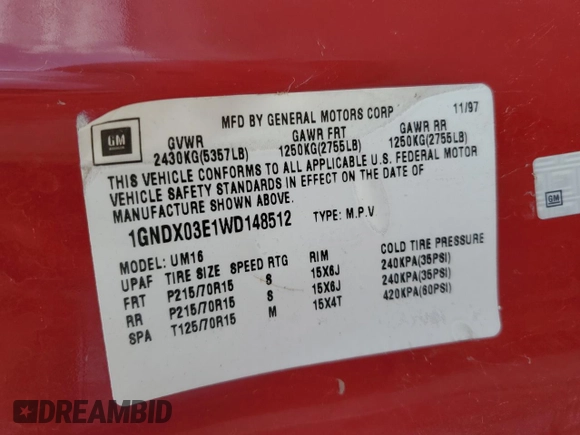 1998 Chevrolet Venture z VIN 1GNDX03E1WD148512, wystawiony jako Copart lot #76760844 z przebiegiem 102 137 mil mil oraz Szkoda całkowita • Salvage title. Historia ofert i sprzedaży dostępna na DreamBid. Obrazek 16.