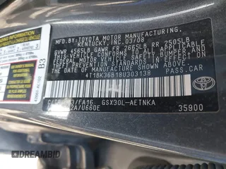 2008 Toyota Avalon XL with VIN 4T1BK36B18U303138, listed as a IAAI auction lot 41864330 with 208,932 mi miles and . Bid and sale history available at DreamBid. Image 9.