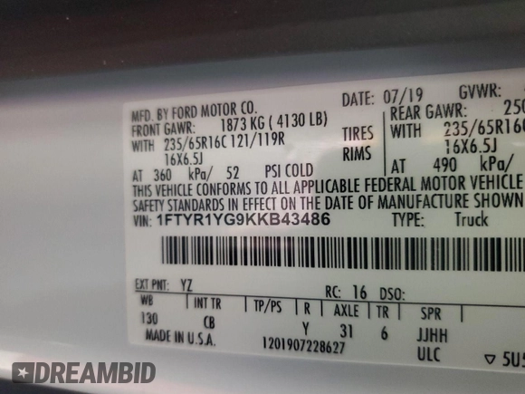 2019 Ford Transit with VIN 1FTYR1YG9KKB43486, listed as a IAAI auction lot 42360384 with 65,385 mi miles and . Bid and sale history available at DreamBid. Image 1.