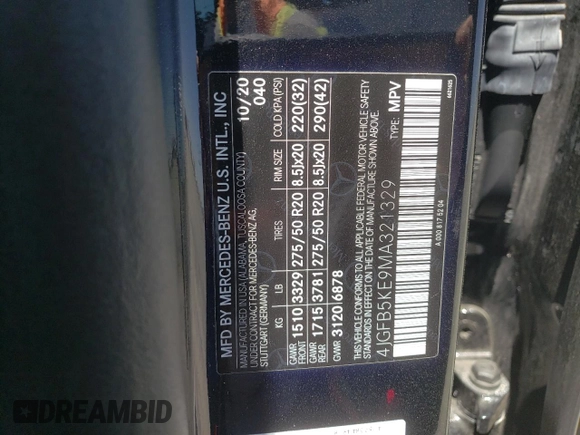 2021 Mercedes-Benz GLE 450 with VIN 4JGFB5KE9MA321329, listed as a Copart auction lot 55639335 with 47,069 mi miles and Salvage title. Bid and sale history available at DreamBid. Image 14.