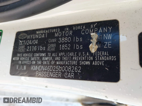 2005 Hyundai Elantra GLS z VIN KMHDN46D25U008262, wystawiony jako IAAI lot #41282976 z przebiegiem 127 731 mil mil oraz . Historia ofert i sprzedaży dostępna na DreamBid. Obrazek 9.