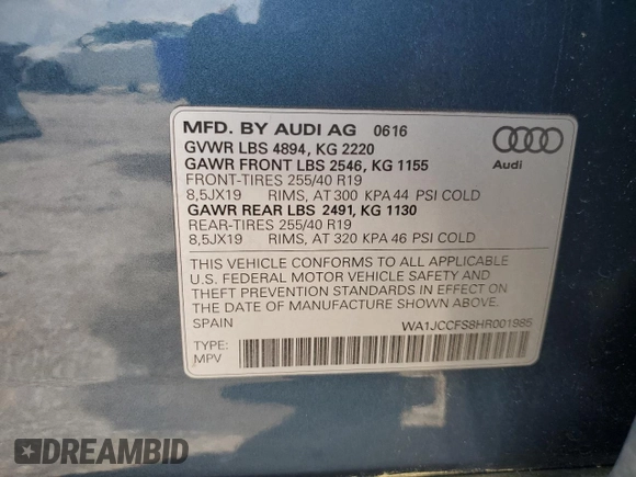 2017 Audi Q3 Premium Plus with VIN WA1JCCFS8HR001985, listed as a Copart auction lot 56970055 with 47,091 mi miles and Salvage title. Bid and sale history available at DreamBid. Image 12.