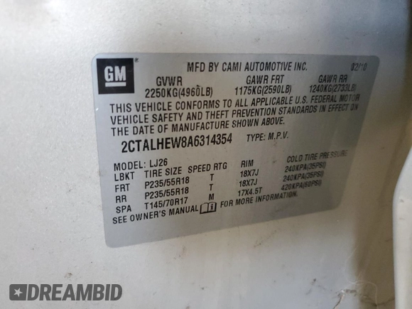 2010 GMC Terrain SLT-2 with VIN 2CTALHEW8A6314354, listed as a Copart auction lot 53868925 with 132,735 mi miles and Clean Title. Bid and sale history available at carsss.com. Image 12.