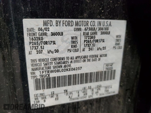 2002 Ford F-150 XLT with VIN 1FTRW08L02KE06257, listed as a Copart auction lot 45004605 with 189,003 mi miles and Salvage Title. Bid and sale history available at carsss.com. Image 12.