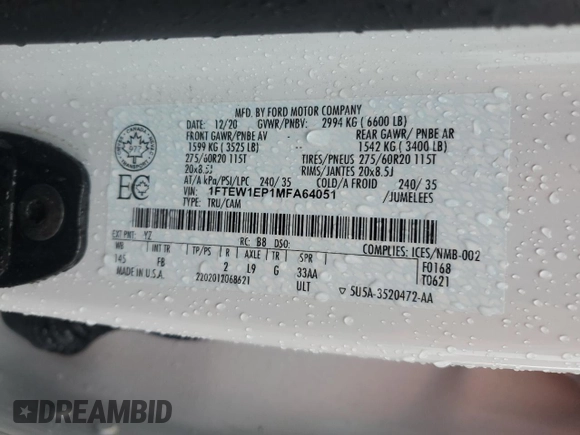2021 Ford F-150 XL with VIN 1FTEW1EP1MFA64051, listed as a Copart auction lot 57483575 with Not provided miles and Non repairable. Bid and sale history available at DreamBid. Image 12.