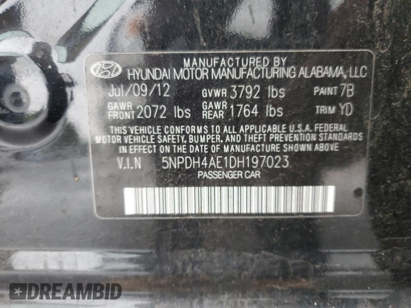 2013 Hyundai Elantra GLS with VIN 5NPDH4AE1DH197023, listed as a Copart auction lot 45961625 with 129,589 mi miles and Salvage title. Bid and sale history available at DreamBid. Image 14.