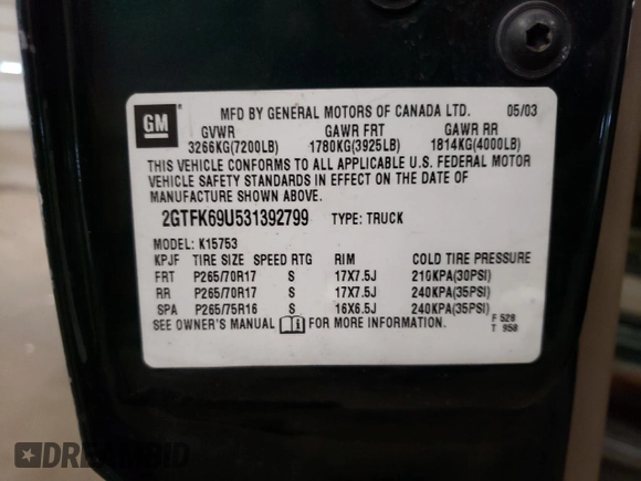 2003 GMC Sierra Denali z VIN 2GTFK69U531392799, wystawiony jako Copart lot #78530804 z przebiegiem 179 365 mil mil oraz Tytuł czysty. Historia ofert i sprzedaży dostępna na DreamBid. Obrazek 12.