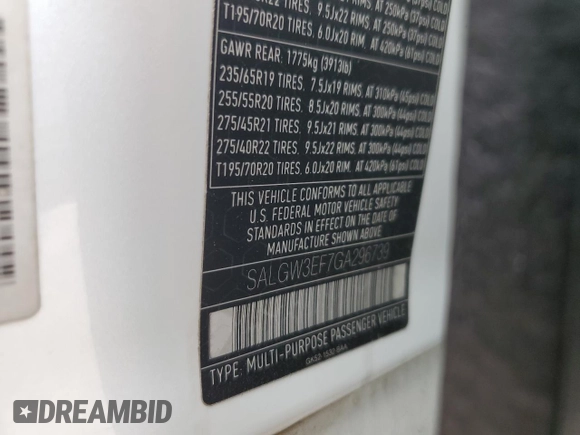 2016 Land Rover Range Rover with VIN SALGW3EF7GA296739, listed as a Copart auction lot 77678794 with 58,193 mi miles and Salvage title. Bid and sale history available at DreamBid. Image 14.