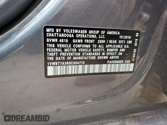 2016 Volkswagen Passat SE с VIN 1VWBT7A36GC004710, выставлен на аукционе Copart как лот 47977765 с пробегом Не указан миль и Списание • Salvage title. История ставок и продаж доступна на DreamBid. Изображение 13.