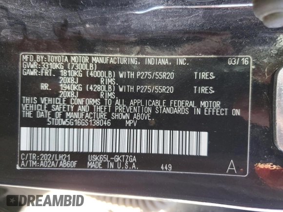 2016 Toyota Sequoia Platinum with VIN 5TDDW5G16GS138046, listed as a Copart auction lot 43804594 with 156,396 mi miles. Bid and sale history available at carsss.com. Image 13.
