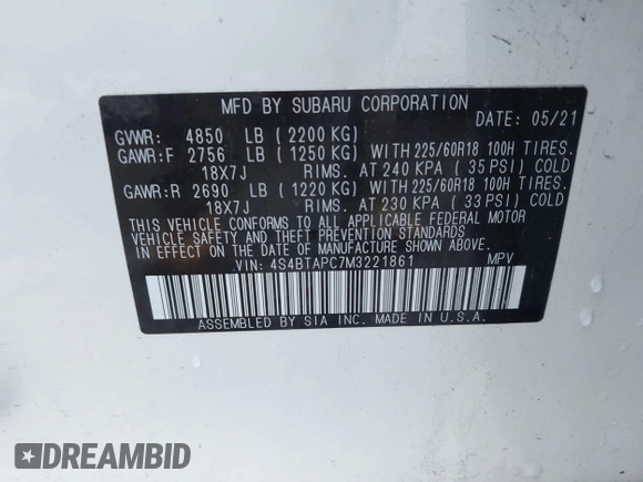 2021 Subaru Outback Touring with VIN 4S4BTAPC7M3221861, listed as a IAAI auction lot 42434307 with 52,230 mi miles and . Bid and sale history available at DreamBid. Image 9.