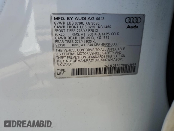 2013 Audi Q7 3.0T Premium Plus with VIN WA1LGBFE7DD005955, listed as a Copart auction lot 50262895 with 76,354 mi miles and Salvage Title. Bid and sale history available at carsss.com. Image 12.