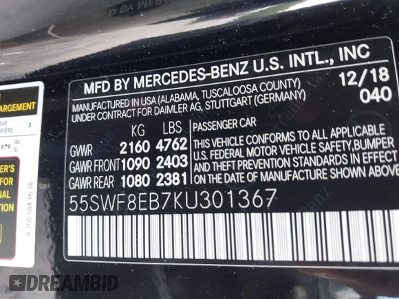 2019 Mercedes-Benz C 300 with VIN 55SWF8EB7KU301367, listed as a IAAI auction lot 42285737 with 104,859 mi miles and . Bid and sale history available at DreamBid. Image 9.