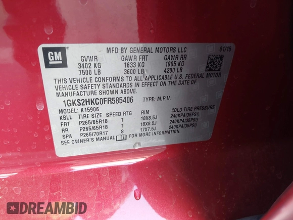 2015 GMC Yukon XL SLT with VIN 1GKS2HKC0FR585406, listed as a IAAI auction lot 41412441 with 210,321 mi miles. Bid and sale history available at carsss.com. Image 9.
