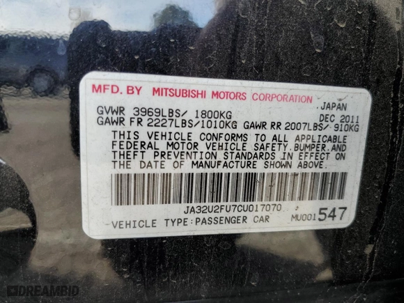 2012 Mitsubishi Lancer ES with VIN JA32U2FU7CU017070, listed as a Copart auction lot 43626925 with 199,436 mi miles and Salvage Title. Bid and sale history available at carsss.com. Image 12.