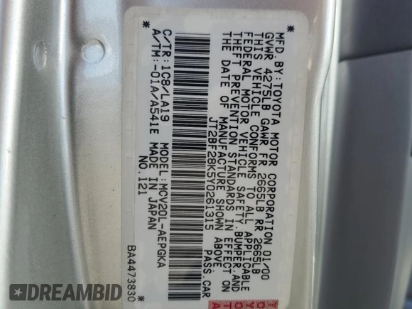 2000 Toyota Camry LE z VIN JT2BF28K5Y0261315, wystawiony jako Copart lot #59607935 z przebiegiem 87 184 mil mil oraz Szkoda całkowita • Salvage title. Historia ofert i sprzedaży dostępna na DreamBid. Obrazek 13.