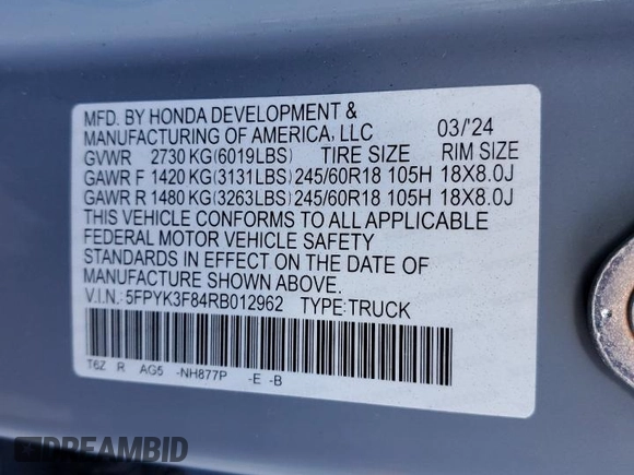 2024 Honda Ridgeline Black Edition with VIN 5FPYK3F84RB012962, listed as a Copart auction lot 84956794 with 5,092 mi miles and Salvage title. Bid and sale history available at DreamBid. Image 12.
