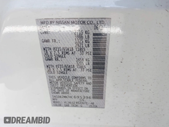 2017 Nissan Pathfinder SV z VIN 5N1DR2MN7HC695396, wystawiony jako IAAI lot #41899881 z przebiegiem 162 061 mil mil oraz . Historia ofert i sprzedaży dostępna na DreamBid. Obrazek 9.