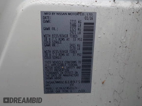 2016 Nissan Pathfinder Platinum with VIN 5N1AR2MM0GC618975, listed as a IAAI auction lot 41961002 with Not Provided miles. Bid and sale history available at carsss.com. Image 9.
