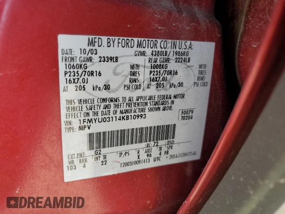 2004 Ford Escape XLT with VIN 1FMYU03114KB10993, listed as a Copart auction lot 62816725 with 192,860 mi miles and Non repairable. Bid and sale history available at DreamBid. Image 12.