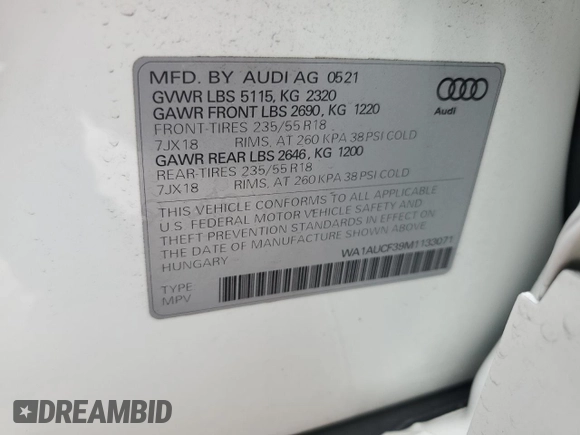 2021 Audi Q3 Premium with VIN WA1AUCF39M1133071, listed as a Copart auction lot 53138115 with 21,639 mi miles and Salvage Title. Bid and sale history available at carsss.com. Image 13.