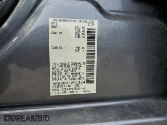 2020 Nissan Altima S z VIN 1N4BL4BV2LC201424, wystawiony jako Copart lot #51827715 z przebiegiem 99 064 mil mil oraz Nie do naprawy • Non repairable. Historia ofert i sprzedaży dostępna na DreamBid. Obrazek 12.