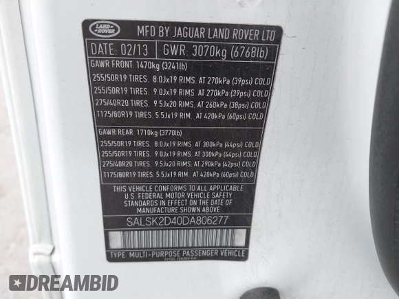 2013 Land Rover Range Rover Sport HSE Lux with VIN SALSK2D40DA806277, listed as a IAAI auction lot 42467451 with 168,622 mi miles and . Bid and sale history available at DreamBid. Image 9.