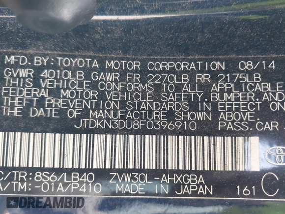 2015 Toyota Prius Four with VIN JTDKN3DU8F0396910, listed as a IAAI auction lot 41872975 with 203,374 mi miles. Bid and sale history available at carsss.com. Image 9.