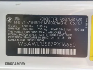 2007 BMW 3 Series 328i with VIN WBAWL13587PX16660, listed as a Copart auction lot 61865865 with 116,834 mi miles and Salvage title. Bid and sale history available at DreamBid. Image 12.