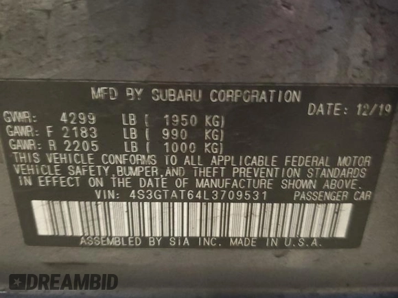 2020 Subaru Impreza Limited z VIN 4S3GTAT64L3709531, wystawiony jako Copart lot #50619145 z przebiegiem 51 696 mil mil oraz Nie do naprawy • Non repairable. Historia ofert i sprzedaży dostępna na DreamBid. Obrazek 12.
