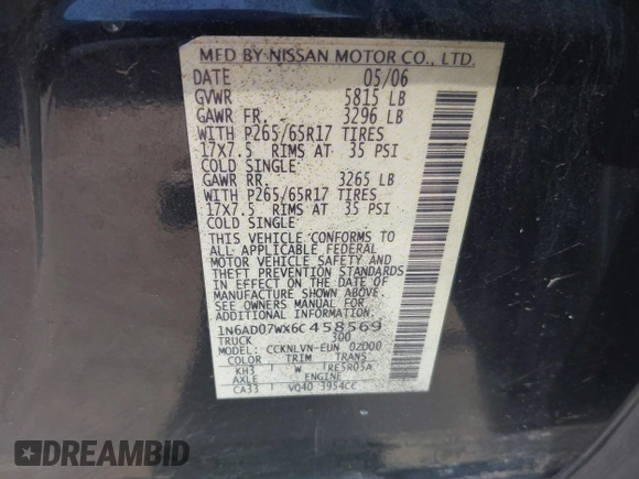 2006 Nissan Frontier SE z VIN 1N6AD07WX6C458569, wystawiony jako IAAI lot #42317531 z przebiegiem 198 485 mil mil oraz . Historia ofert i sprzedaży dostępna na DreamBid. Obrazek 9.
