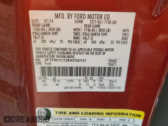 2014 Ford F-150 XL z VIN 1FTFW1CT3EKF02131, wystawiony jako Copart lot #55116985 z przebiegiem 198 970 mil mil oraz Czysty tytuł • Clean title. Historia ofert i sprzedaży dostępna na DreamBid. Obrazek 12.