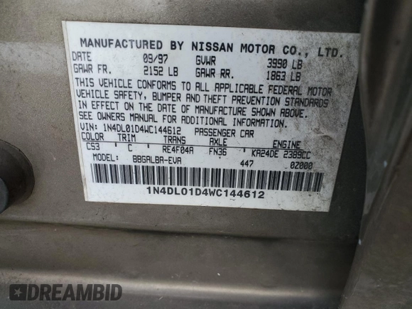 1998 Nissan Altima XE with VIN 1N4DL01D4WC144612, listed as a Copart auction lot 42197255 with 78,438 mi miles and Salvage Title. Bid and sale history available at carsss.com. Image 12.