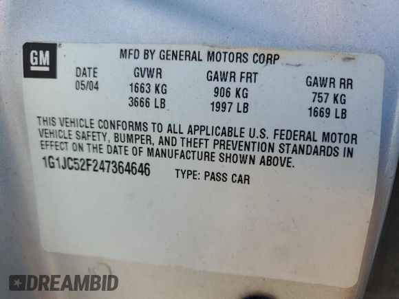2004 Chevrolet Cavalier с VIN 1G1JC52F247364646, выставлен на аукционе Copart как лот 54757325 с пробегом 171 933 миль миль и Чистый • Clean title. История ставок и продаж доступна на DreamBid. Изображение 12.