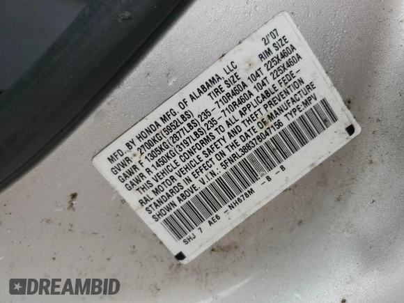 2007 Honda Odyssey Touring with VIN 5FNRL38837B047156, listed as a Copart auction lot 56165045 with 241,614 mi miles and Clean Title. Bid and sale history available at DreamBid. Image 13.