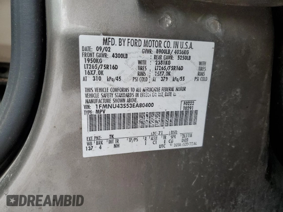 2003 Ford Excursion Limited z VIN 1FMNU43S53EA80400, wystawiony jako Copart lot #88481675 z przebiegiem 177 274 mil mil oraz Szkody całkowita. Historia ofert i sprzedaży dostępna na DreamBid. Obrazek 12.