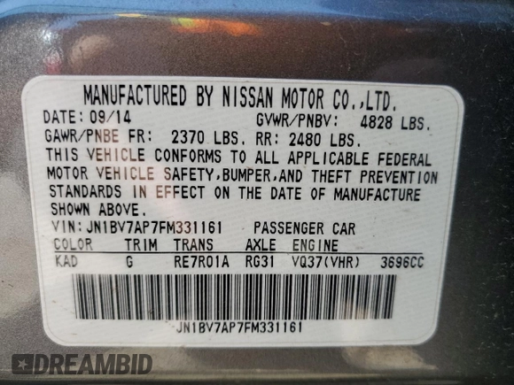 2015 Infiniti Q50 Premium с VIN JN1BV7AP7FM331161, выставлен на аукционе Copart как лот 51585935 с пробегом 151 709 миль миль и Списание • Salvage title. История ставок и продаж доступна на DreamBid. Изображение 12.