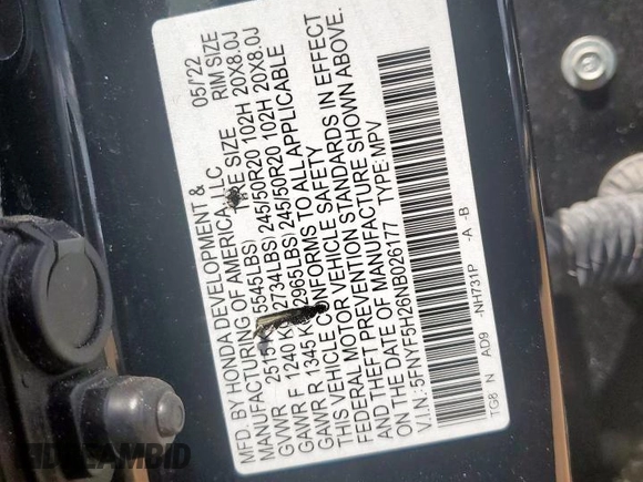 2022 Honda Pilot Special Edition z VIN 5FNYF5H26NB026177, wystawiony jako Copart lot #61840975 z przebiegiem 57 335 mil mil oraz Szkoda całkowita • Salvage title. Historia ofert i sprzedaży dostępna na DreamBid. Obrazek 14.