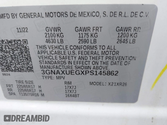 2023 Chevrolet Equinox LT с VIN 3GNAXUEGXPS145862, выставлен на аукционе IAAI как лот 42346785 с пробегом 60 608 миль миль и . История ставок и продаж доступна на DreamBid. Изображение 9.