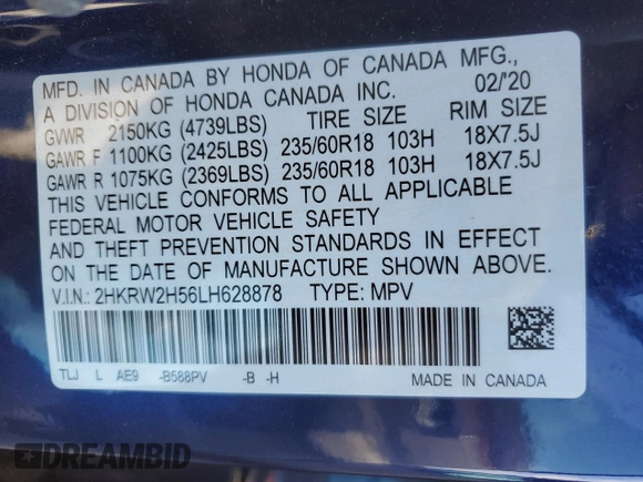 2020 Honda CR-V EX with VIN 2HKRW2H56LH628878, listed as a Copart auction lot 50189455 with 69,134 mi miles and Non Repairable. Bid and sale history available at carsss.com. Image 13.