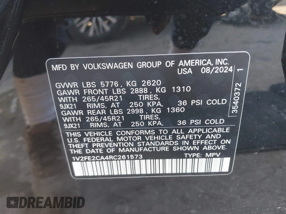 2024 Volkswagen Atlas SEL Premium R-Line z VIN 1V2FE2CA4RC261573, wystawiony jako IAAI lot #41156885 z przebiegiem 1 430 mil mil oraz . Historia ofert i sprzedaży dostępna na DreamBid. Obrazek 9.