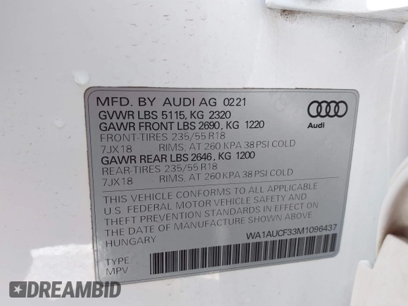 2021 Audi Q3 Premium with VIN WA1AUCF33M1096437, listed as a IAAI auction lot 41910411 with 86,837 mi miles and . Bid and sale history available at DreamBid. Image 9.
