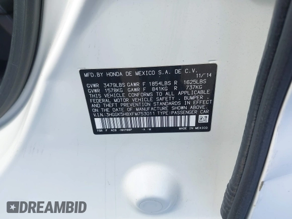 2015 Honda Fit EX-L with VIN 3HGGK5H8XFM753011, listed as a IAAI auction lot 41878734 with 121,514 mi miles and . Bid and sale history available at DreamBid. Image 9.