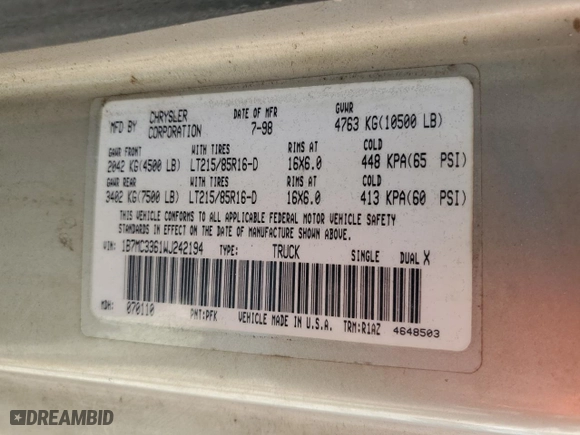 1998 Dodge Ram 3500 with VIN 1B7MC3361WJ242194, listed as a Copart auction lot 78511124 with 448,321 mi miles and Salvage Title. Bid and sale history available at carsss.com. Image 13.
